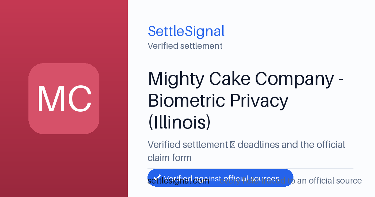 SettleSignal summary card for Mighty Cake Company - Biometric Privacy (Illinois). Checked against the official settlement source on June 16, 2026.