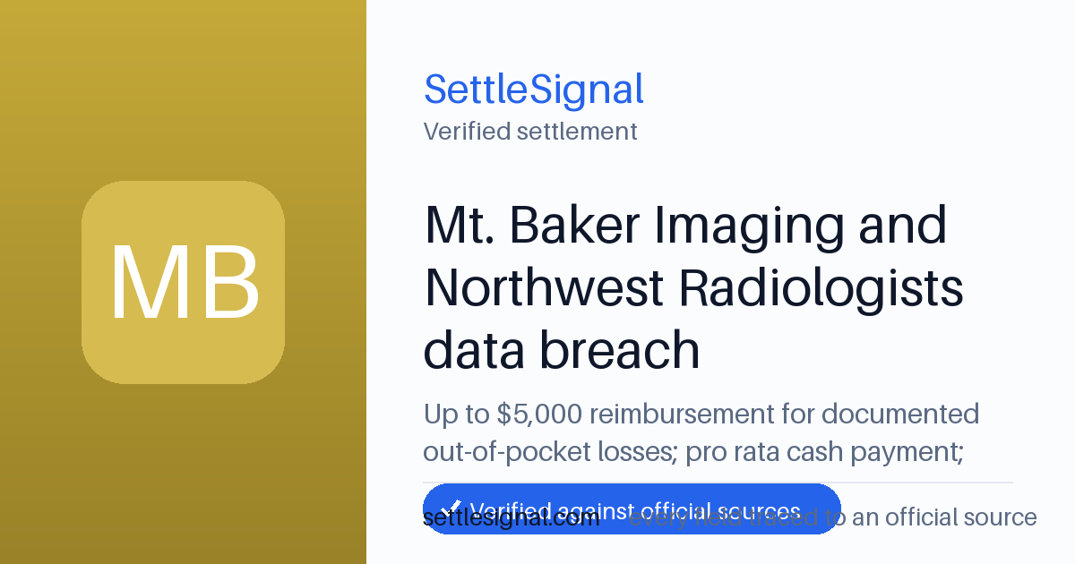 SettleSignal summary card for Mt. Baker Imaging and Northwest Radiologists data breach — up to $5,000, claim by August 19, 2026. Checked against the official settlement source on June 17, 2026.