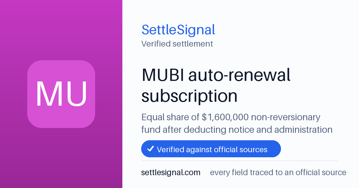 SettleSignal summary card for MUBI auto-renewal subscription — $1.6M fund, claim by June 9, 2026. Checked against the official settlement source on June 17, 2026.