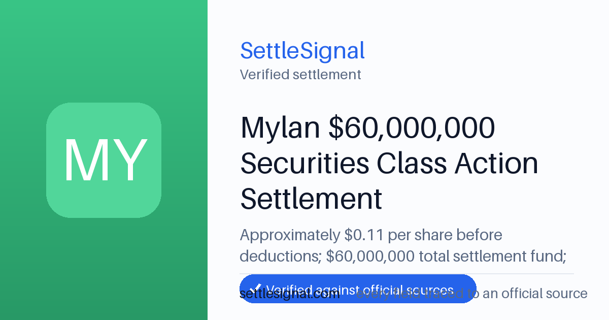 SettleSignal summary card for Mylan $60,000,000 Securities Class Action Settlement — at least $10, claim by July 10, 2026. Checked against the official settlement source on June 19, 2026.