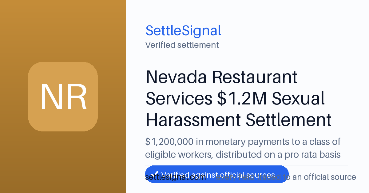 SettleSignal summary card for Nevada Restaurant Services $1.2M Sexual Harassment Settlement — $1.2M, claim by May 11, 2026. Checked against the official settlement source on June 19, 2026.