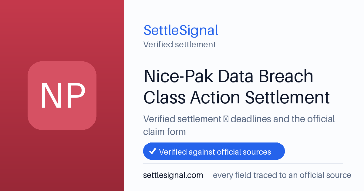 SettleSignal summary card for Nice-Pak Data Breach Class Action Settlement, claim by May 12, 2026. Checked against the official settlement source on June 19, 2026.