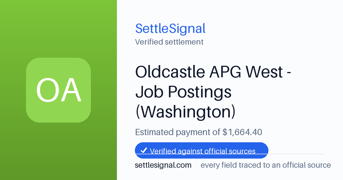 SettleSignal summary card for Oldcastle APG West - Job Postings (Washington) — $1,664.40, claim by July 31, 2026. Checked against the official settlement source on July 26, 2026.