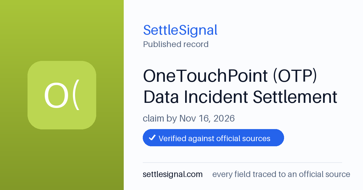 SettleSignal summary card for OneTouchPoint (OTP) Data Incident Settlement, claim by November 16, 2026. Accepted official evidence on file.