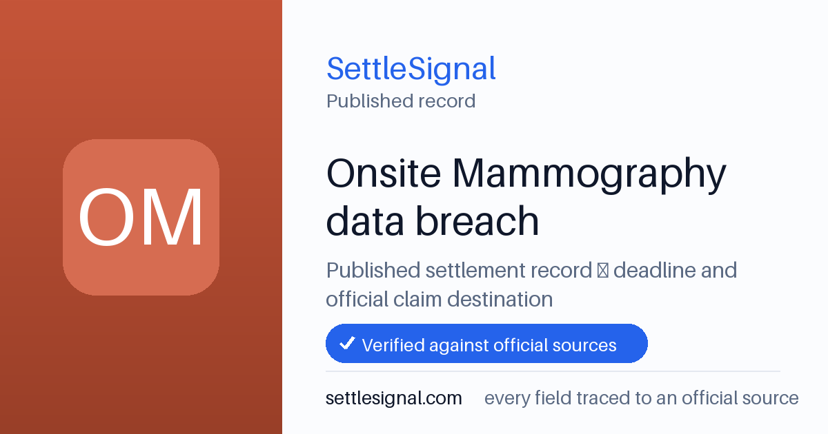 SettleSignal summary card for Onsite Mammography data breach, claim by August 11, 2026. Accepted official evidence on file.