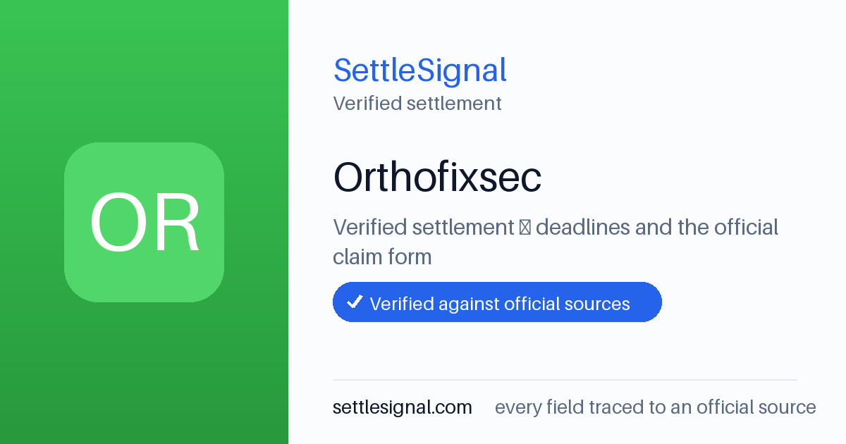 SettleSignal summary card for Orthofixsec, claim by October 22, 2018. Checked against the official settlement source on June 18, 2026.