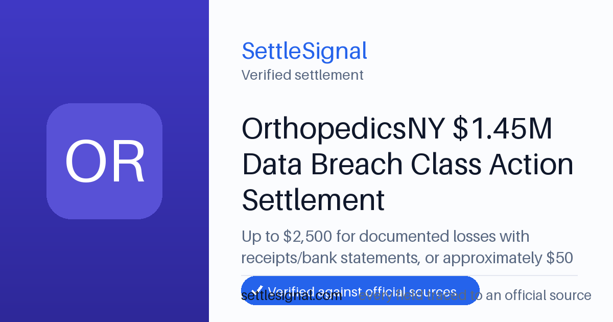 SettleSignal summary card for OrthopedicsNY $1.45M Data Breach Class Action Settlement — up to $2,500, claim by June 15, 2026. Checked against the official settlement source on June 19, 2026.