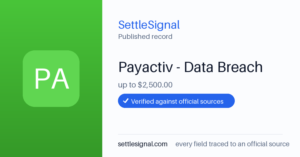 SettleSignal summary card for Payactiv - Data Breach — up to $2,500. Accepted official evidence on file.