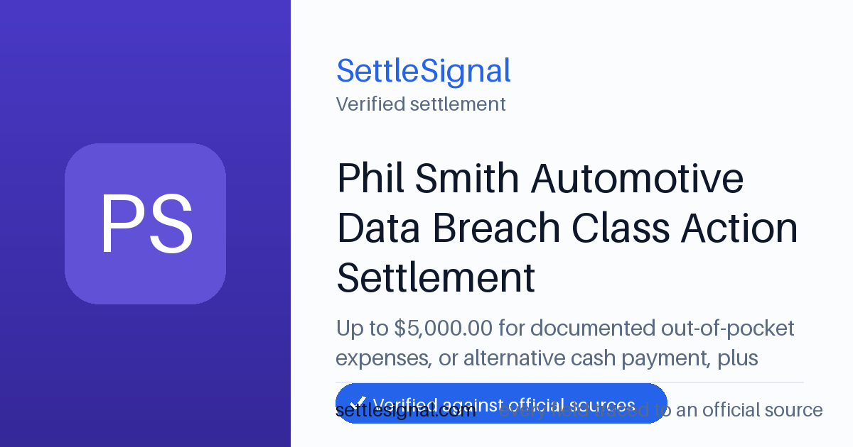 SettleSignal summary card for Phil Smith Automotive Data Breach Class Action Settlement — up to $5,000, claim by April 27, 2026. Checked against the official settlement source on June 19, 2026.