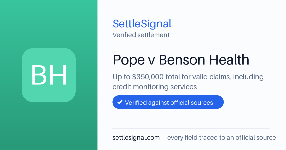 SettleSignal summary card for Pope v Benson Health — up to $350,000. Checked against the official settlement source on June 16, 2026.