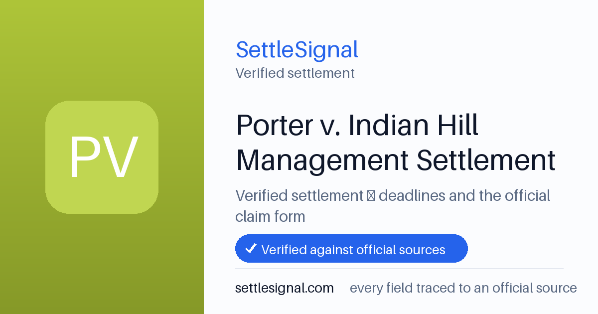 SettleSignal summary card for Porter v. Indian Hill Management Settlement, claim by August 10, 2023. Checked against the official settlement source on July 8, 2026.