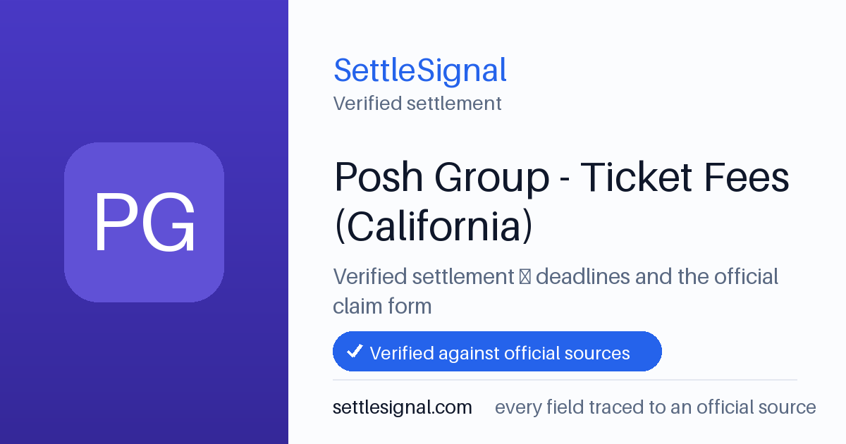 SettleSignal summary card for Posh Group - Ticket Fees (California), claim by July 7, 2026. Checked against the official settlement source on June 16, 2026.