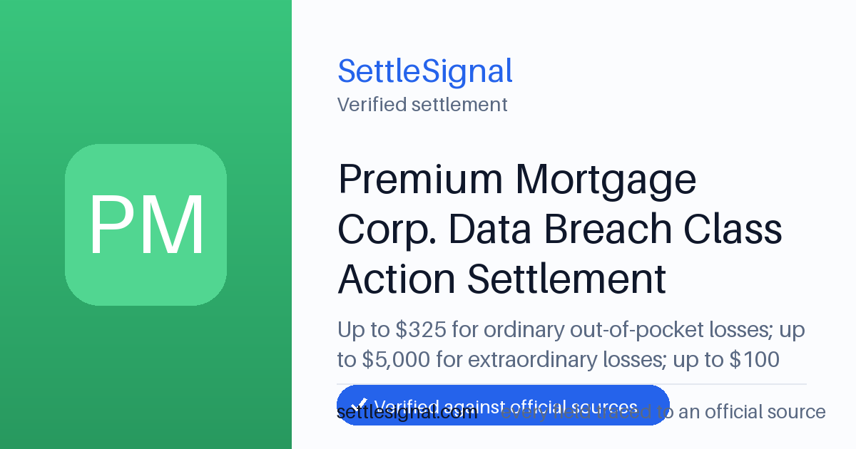 SettleSignal summary card for Premium Mortgage Corp. Data Breach Class Action Settlement — up to $325, claim by April 21, 2026. Checked against the official settlement source on June 19, 2026.