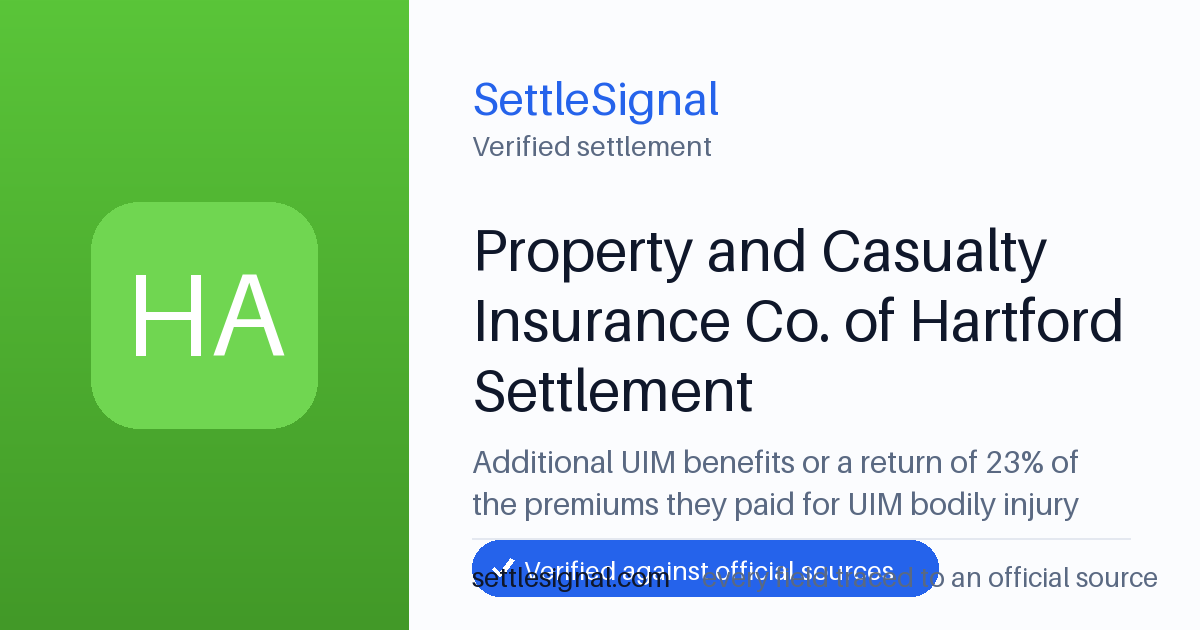 SettleSignal summary card for Property and Casualty Insurance Co. of Hartford Settlement, claim by May 22, 2026. Checked against the official settlement source on June 19, 2026.
