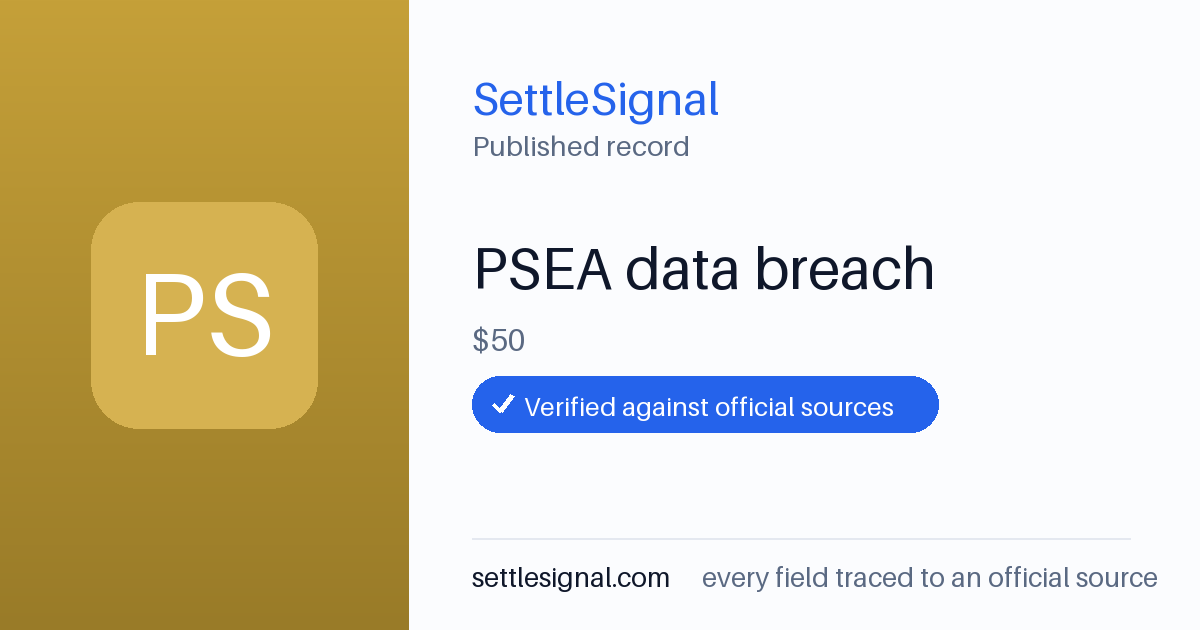 SettleSignal summary card for PSEA data breach — $50, claim by July 6, 2026. Accepted official evidence on file.