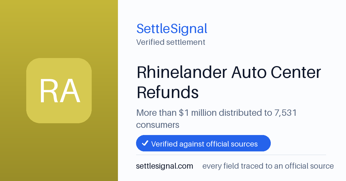 SettleSignal summary card for Rhinelander Auto Center Refunds — $1M. Checked against the official settlement source on June 17, 2026.
