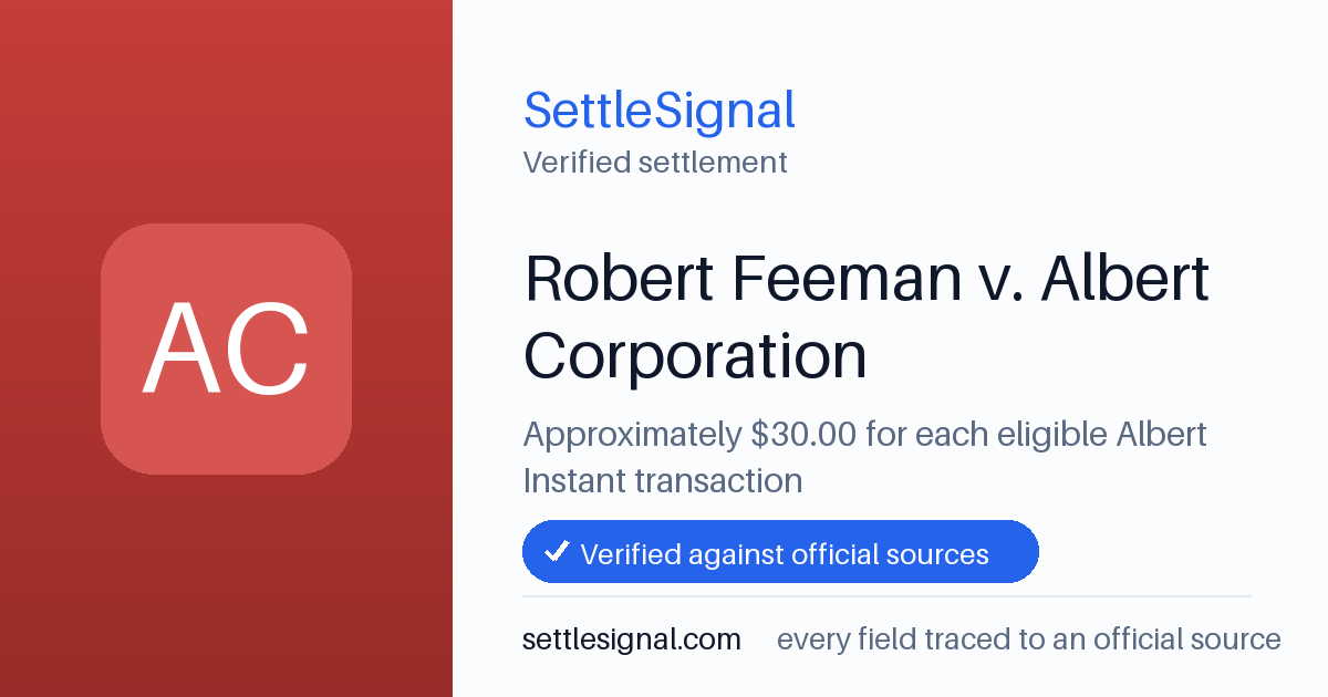SettleSignal summary card for Robert Feeman v. Albert Corporation — $30. Checked against the official settlement source on June 17, 2026.