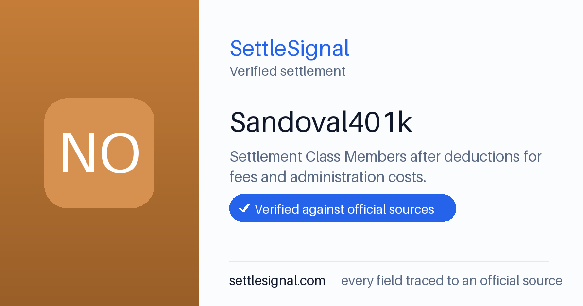 SettleSignal summary card for Sandoval401k, claim by August 24, 2021. Checked against the official settlement source on June 18, 2026.