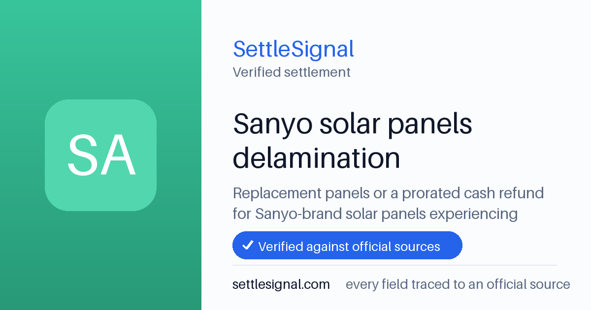 SettleSignal summary card for Sanyo solar panels delamination, claim by December 31, 2029. Checked against the official settlement source on June 17, 2026.