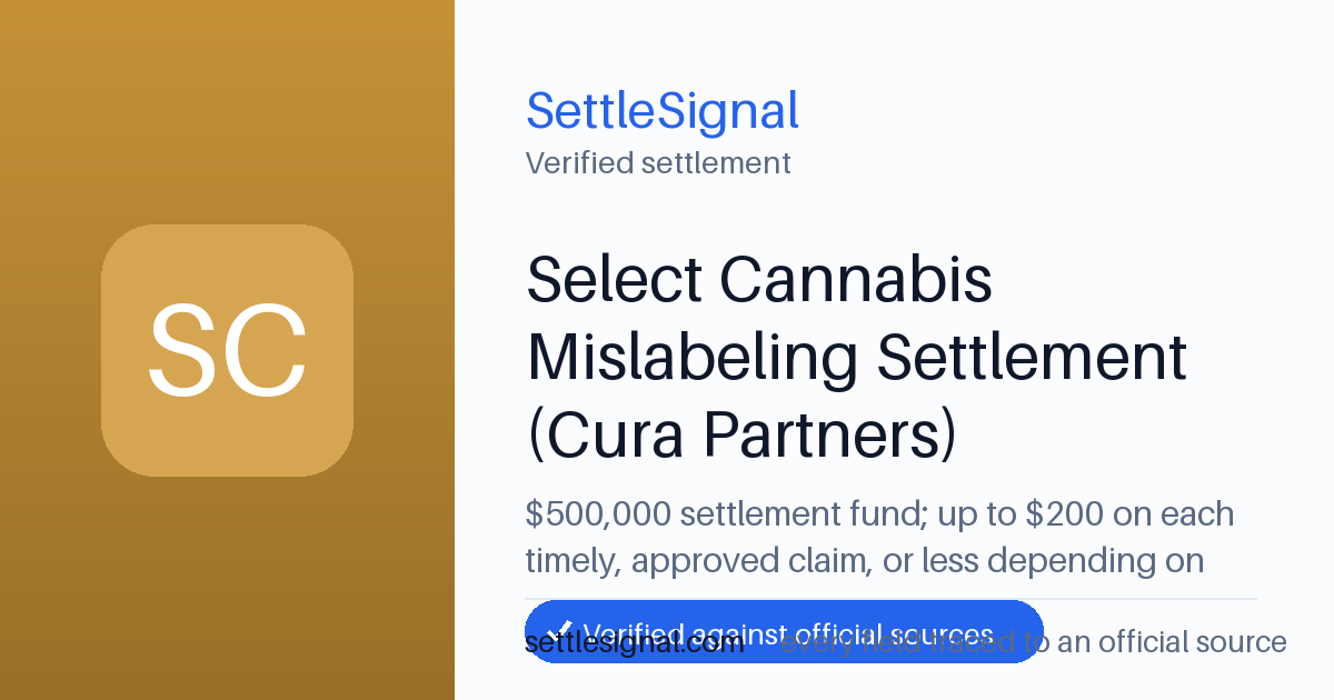 SettleSignal summary card for Select Cannabis Mislabeling Settlement (Cura Partners) — $500,000 fund, claim by April 29, 2022. Checked against the official settlement source on July 8, 2026.
