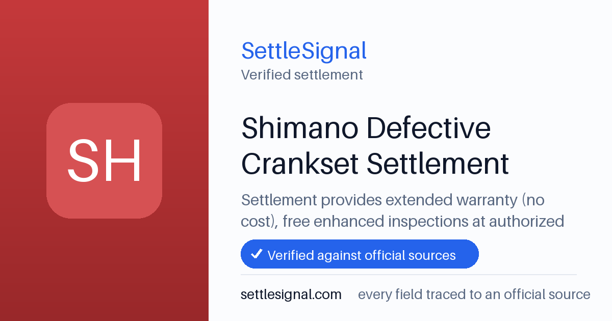 SettleSignal summary card for Shimano Defective Crankset Settlement, claim by August 4, 2026. Checked against the official settlement source on June 9, 2026.
