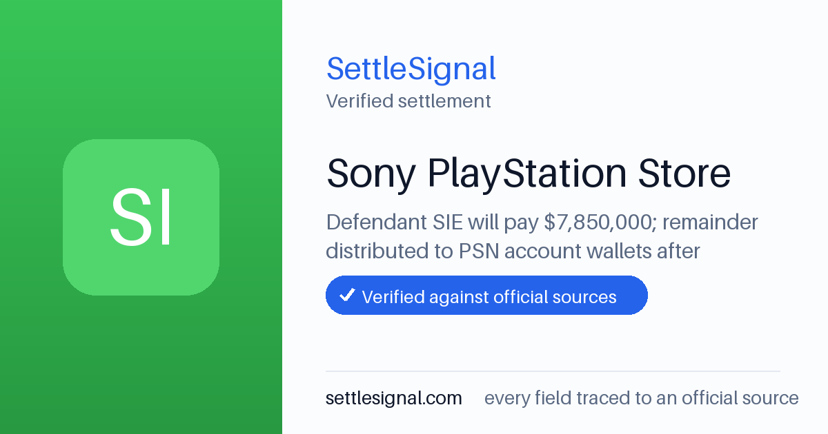 SettleSignal summary card for Sony PlayStation Store — $7.8M. Checked against the official settlement source on June 17, 2026.