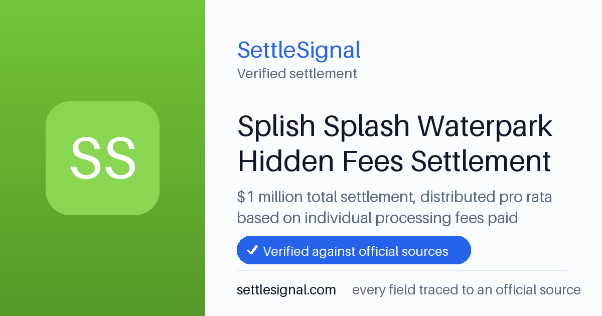 SettleSignal summary card for Splish Splash Waterpark Hidden Fees Settlement — $1M, claim by August 10, 2026. Checked against the official settlement source on June 9, 2026.
