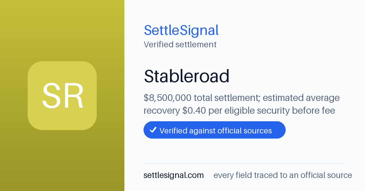 SettleSignal summary card for Stableroad — $8.5M, claim by April 5, 2024. Checked against the official settlement source on June 19, 2026.