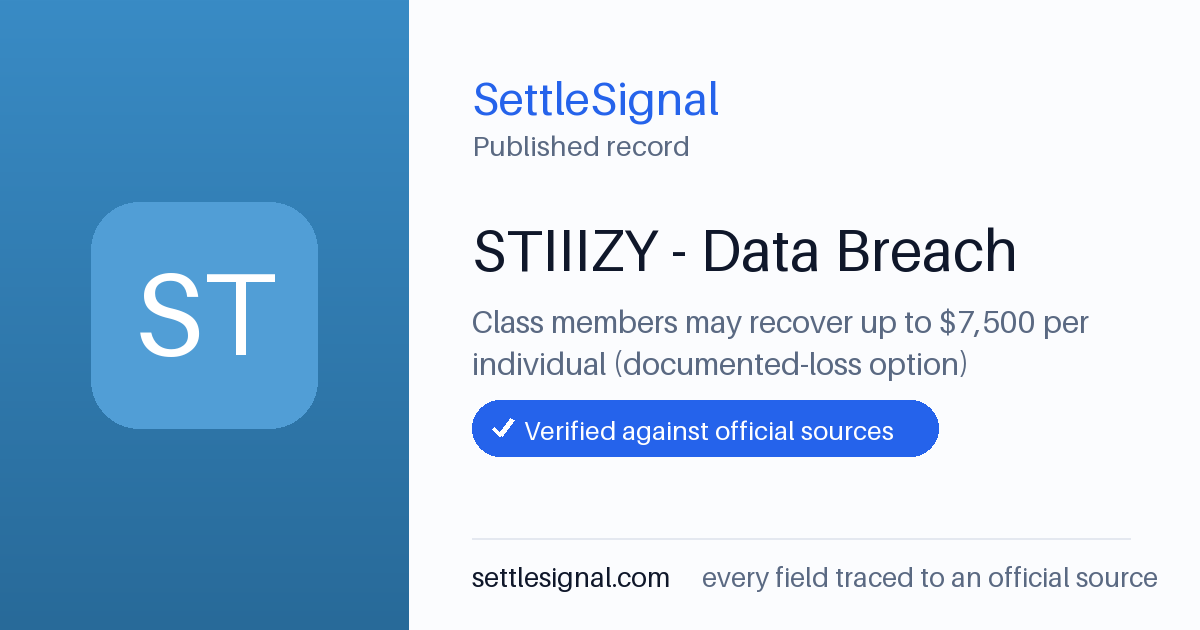 SettleSignal summary card for STIIIZY - Data Breach — up to $7,500, claim by September 10, 2026. Accepted official evidence on file.