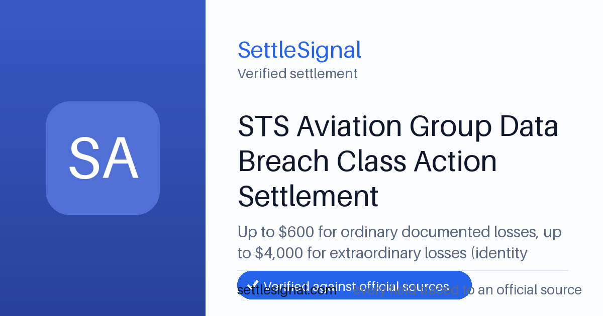 SettleSignal summary card for STS Aviation Group Data Breach Class Action Settlement — up to $600, claim by May 14, 2026. Checked against the official settlement source on June 19, 2026.