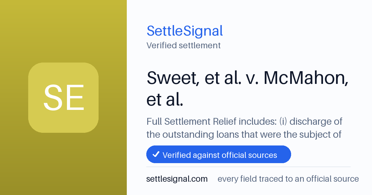 SettleSignal summary card for Sweet, et al. v. McMahon, et al.. Checked against the official settlement source on June 19, 2026.