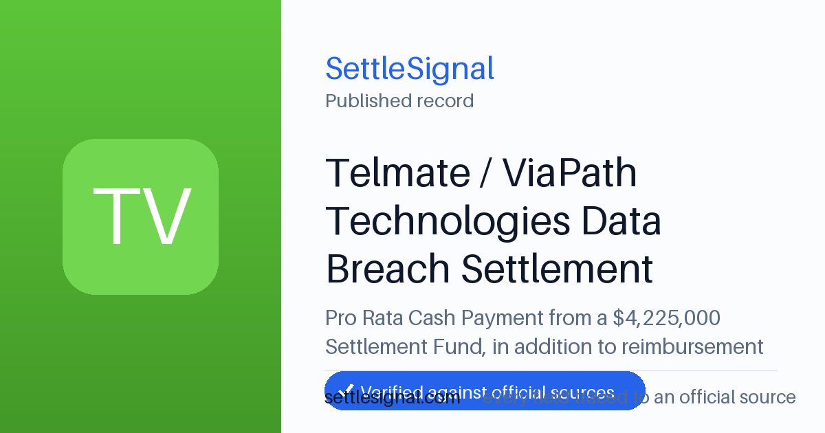 SettleSignal summary card for Telmate / ViaPath Technologies Data Breach Settlement (Cooper v. Telmate) — $4.2M, claim by December 21, 2026. Accepted official evidence on file.