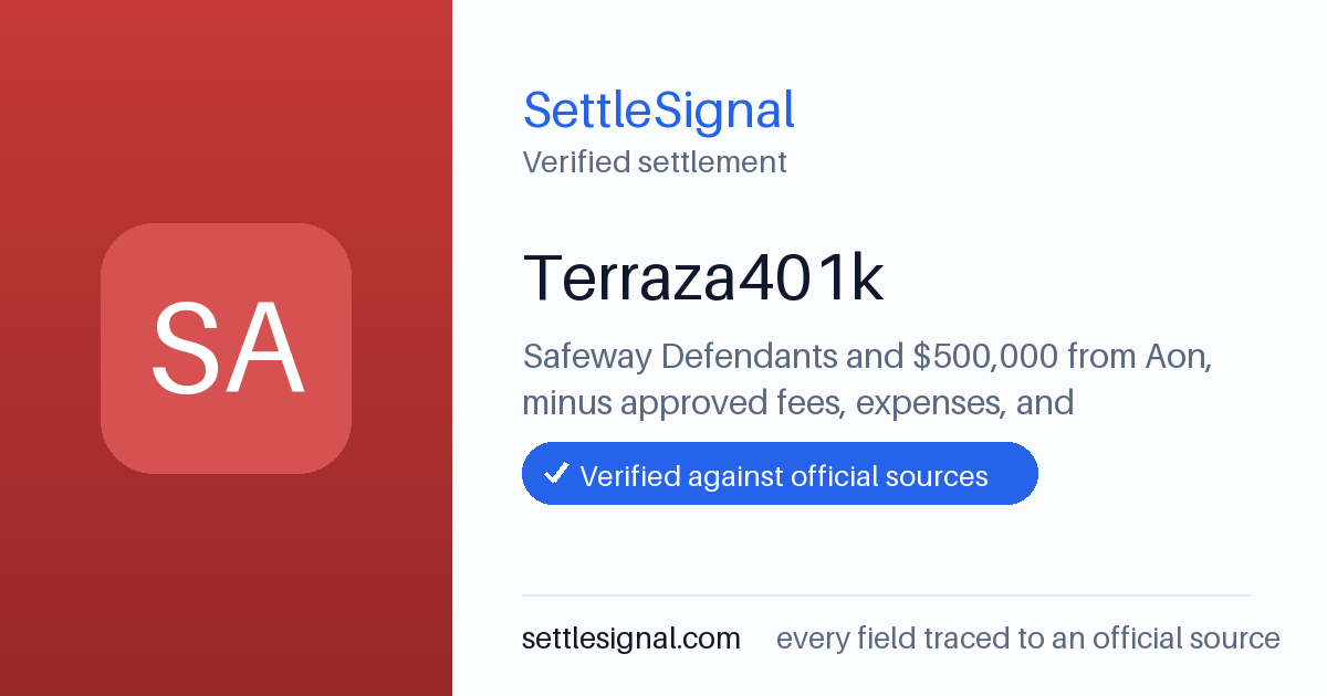 SettleSignal summary card for Terraza401k — $500,000, claim by February 26, 2021. Checked against the official settlement source on June 18, 2026.