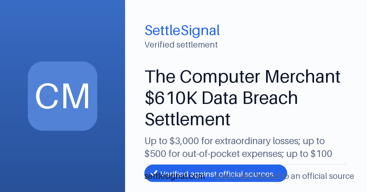 SettleSignal summary card for The Computer Merchant $610K Data Breach Settlement — up to $3,000, claim by June 24, 2026. Checked against the official settlement source on June 19, 2026.