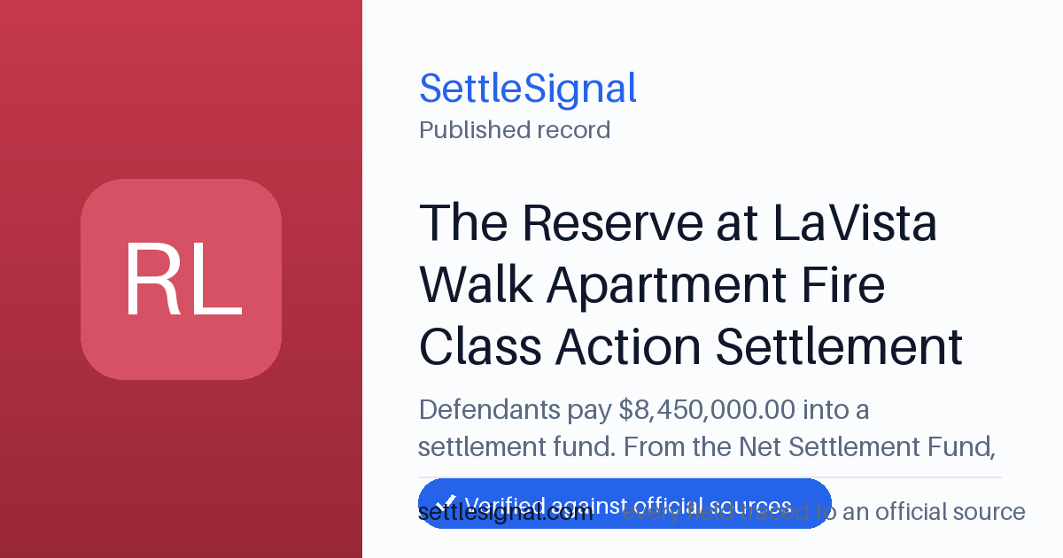 SettleSignal summary card for The Reserve at LaVista Walk Apartment Fire Class Action Settlement — $8.4M fund, claim by November 22, 2026. Accepted official evidence on file.