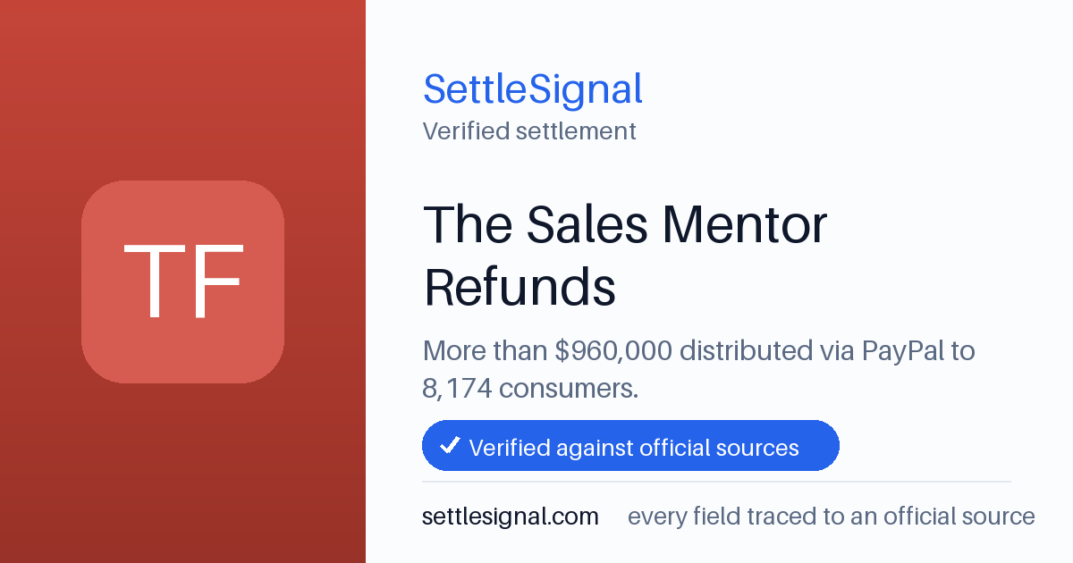 SettleSignal summary card for The Sales Mentor Refunds — $960,000. Checked against the official settlement source on June 19, 2026.