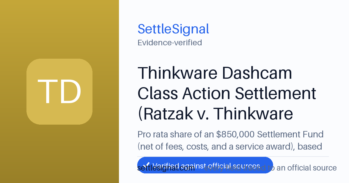 SettleSignal summary card for Thinkware Dashcam Class Action Settlement (Ratzak v. Thinkware Systems USA) — $850,000 fund, claim by December 14, 2026. Accepted official evidence on file.