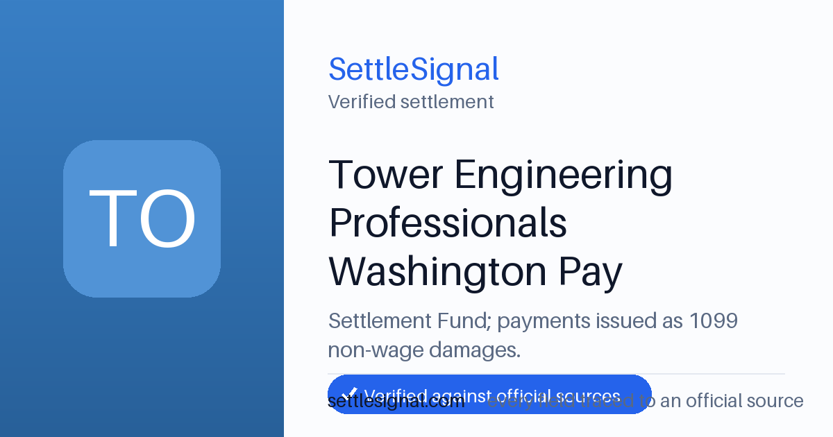 SettleSignal summary card for Tower Engineering Professionals Washington Pay Settlement, claim by May 11, 2026. Checked against the official settlement source on June 19, 2026.