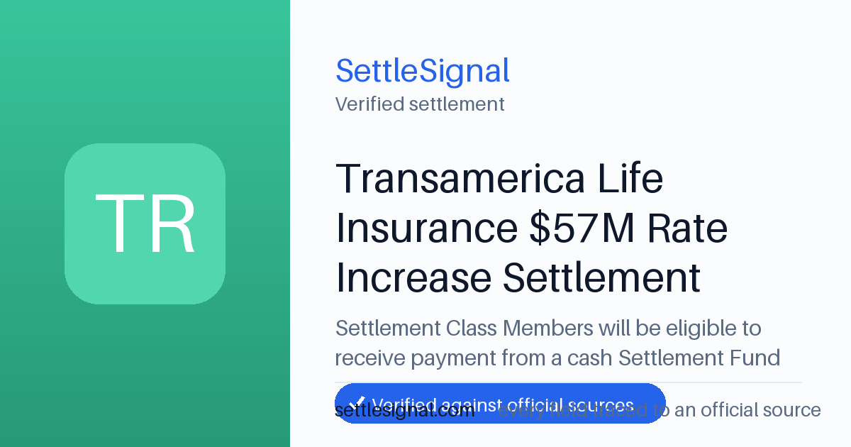 SettleSignal summary card for Transamerica Life Insurance $57M Rate Increase Settlement — $57M fund. Checked against the official settlement source on June 19, 2026.