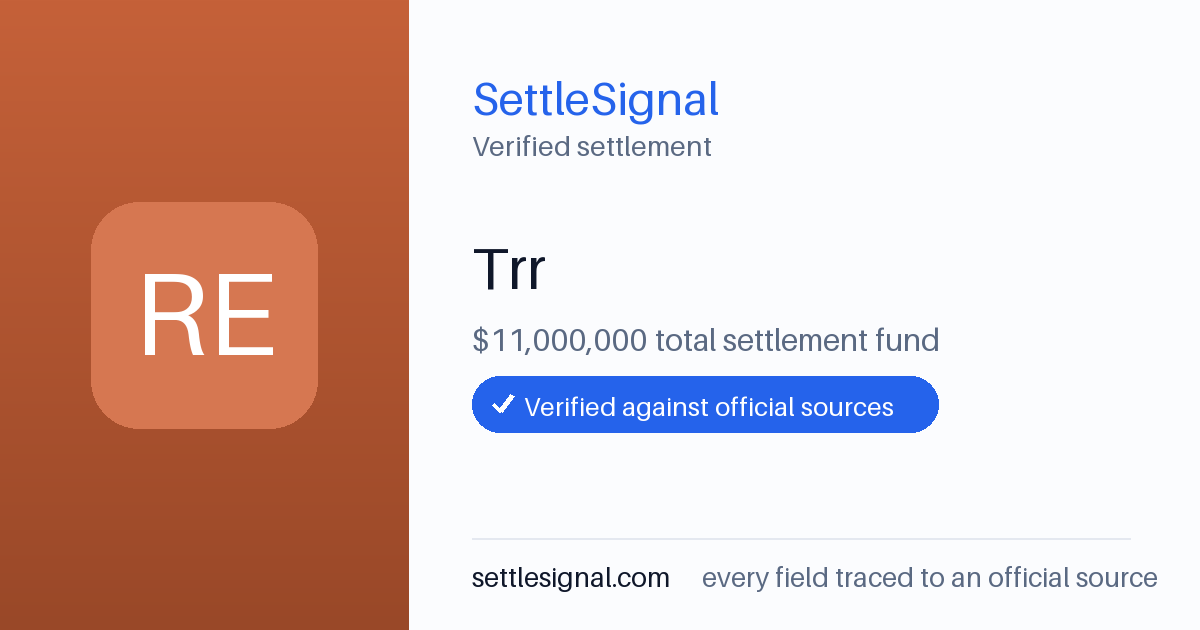 SettleSignal summary card for Trr — $11M fund, claim by June 28, 2022. Checked against the official settlement source on June 18, 2026.