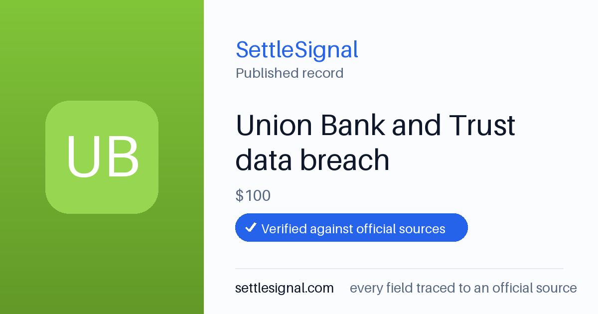 SettleSignal summary card for Union Bank and Trust data breach — $100, claim by July 21, 2026. Accepted official evidence on file.