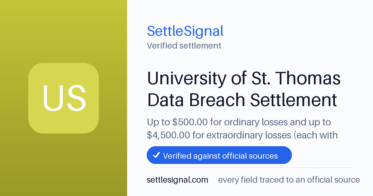 SettleSignal summary card for University of St. Thomas Data Breach Settlement — up to $500, claim by September 28, 2026. Checked against the official settlement source on July 17, 2026.