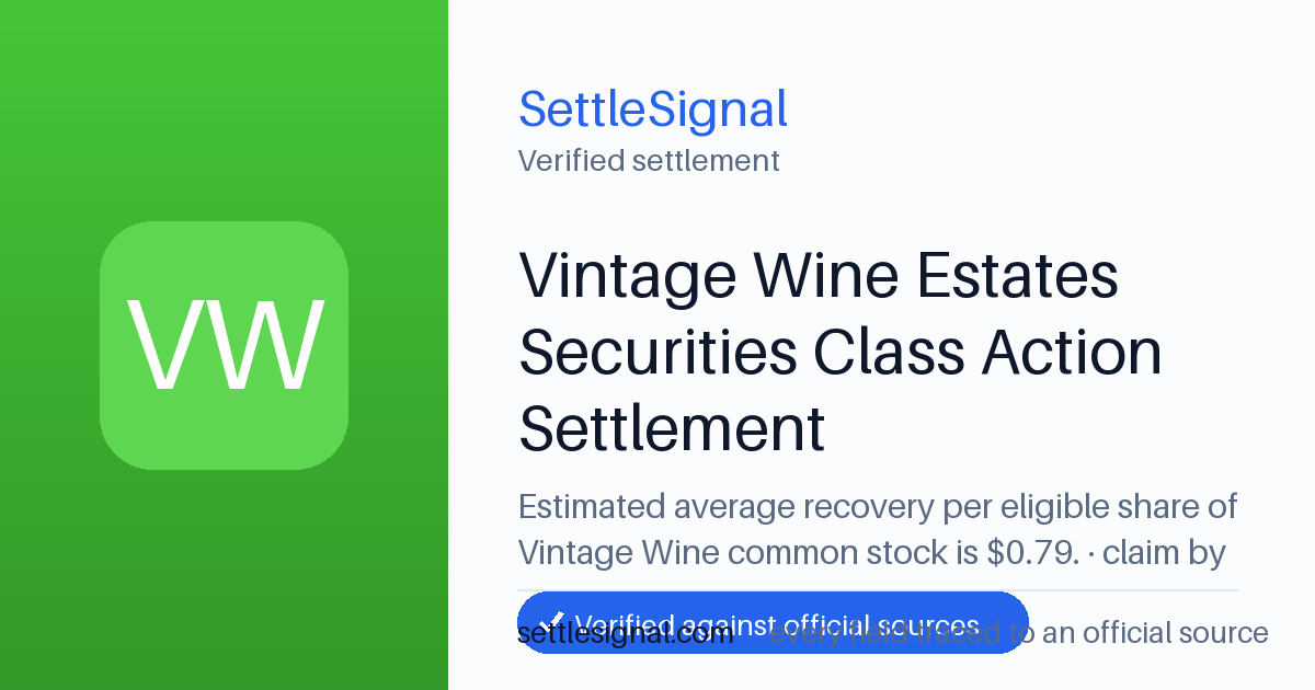SettleSignal summary card for Vintage Wine Estates Securities Class Action Settlement, claim by October 9, 2026. Checked against the official settlement source on June 17, 2026.