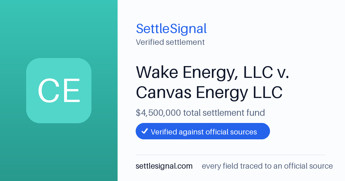 SettleSignal summary card for Wake Energy, LLC v. Canvas Energy LLC — $4.5M fund. Checked against the official settlement source on June 17, 2026.