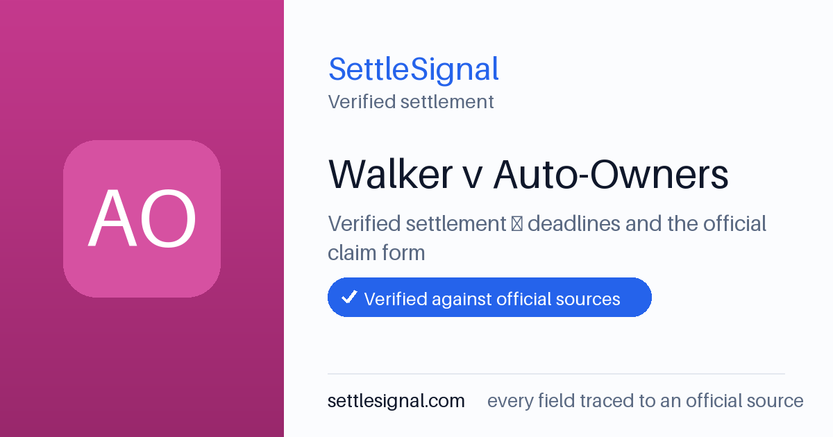 SettleSignal summary card for Walker v Auto-Owners. Checked against the official settlement source on June 16, 2026.