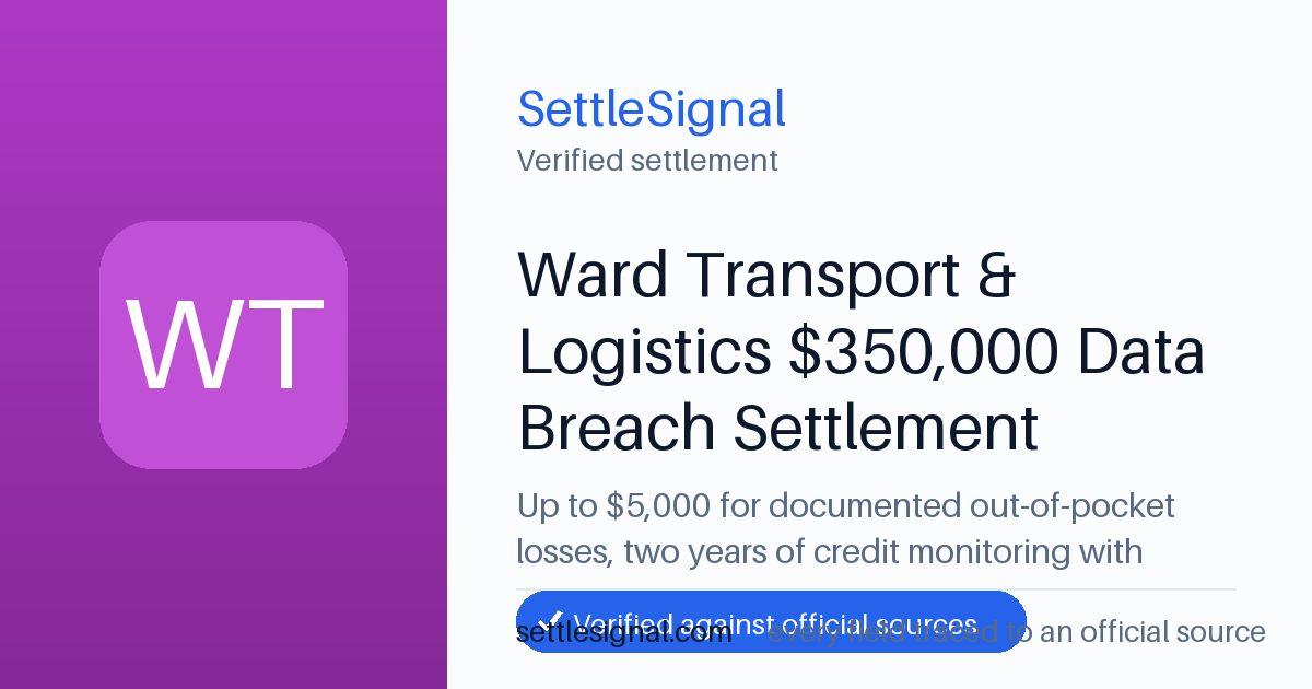 SettleSignal summary card for Ward Transport & Logistics $350,000 Data Breach Settlement — up to $5,000, claim by April 27, 2026. Checked against the official settlement source on June 19, 2026.