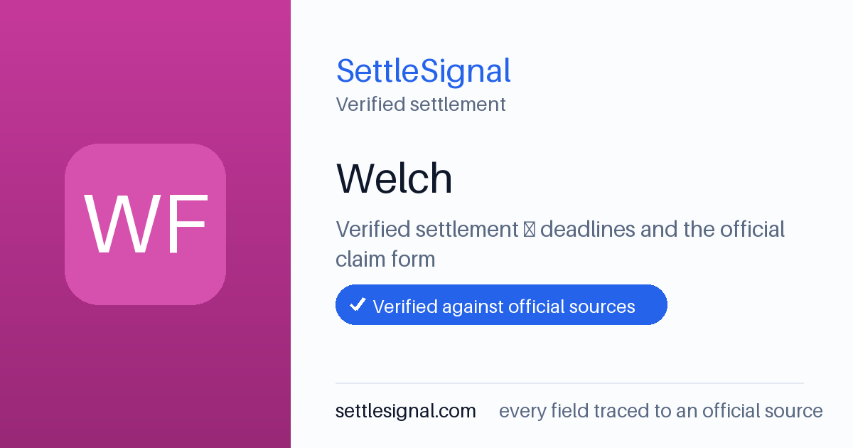 SettleSignal summary card for Welch. Checked against the official settlement source on June 18, 2026.