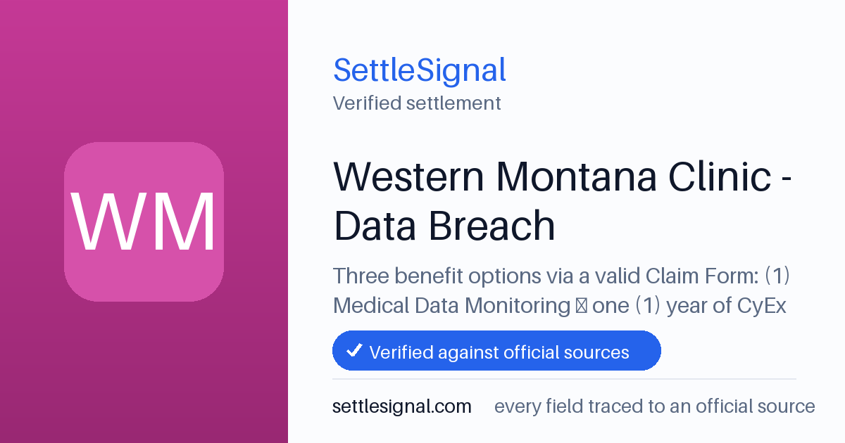 SettleSignal summary card for Western Montana Clinic - Data Breach — up to $20, claim by September 15, 2026. Checked against the official settlement source on July 13, 2026.