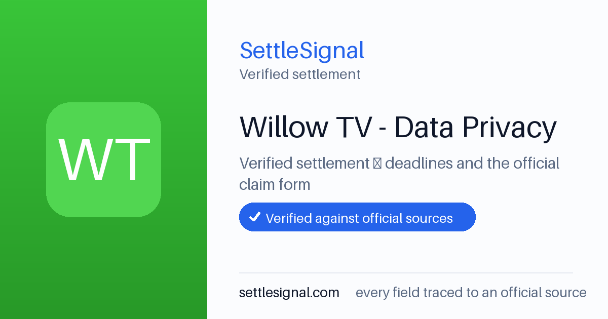 SettleSignal summary card for Willow TV - Data Privacy, claim by July 21, 2026. Checked against the official settlement source on June 16, 2026.