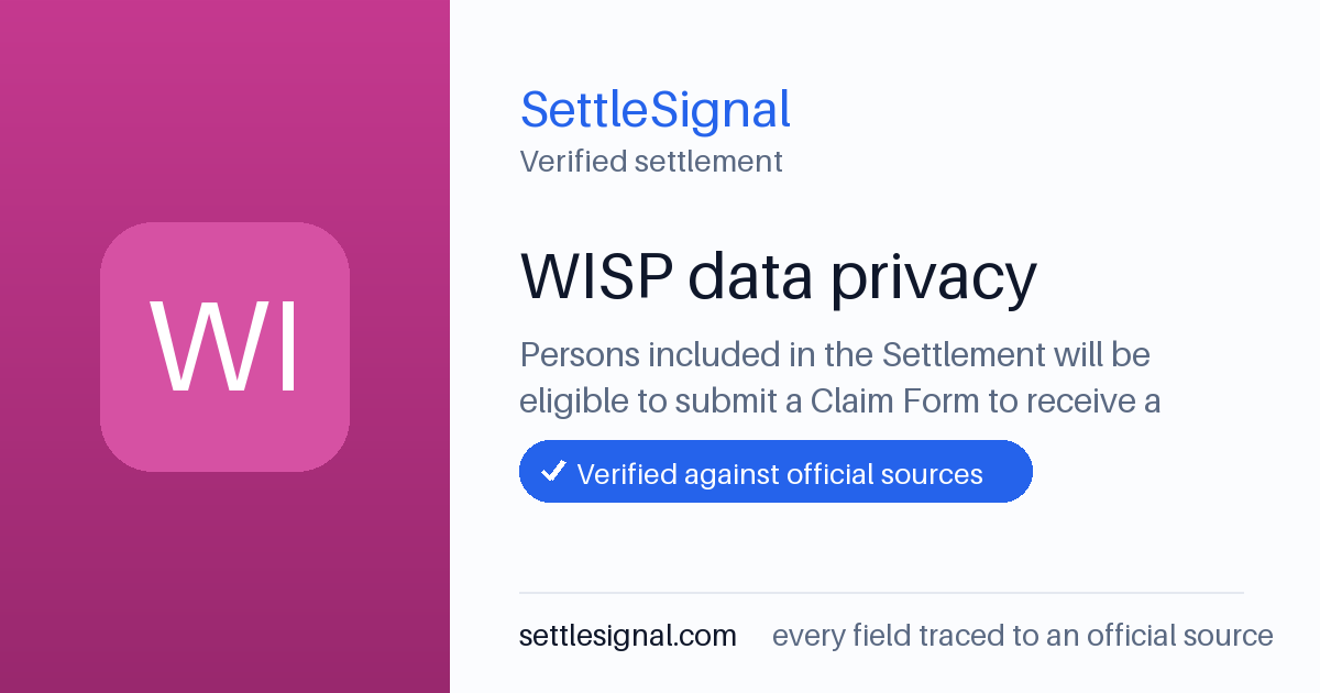 SettleSignal summary card for WISP data privacy — $18, claim by July 13, 2026. Checked against the official settlement source on June 13, 2026.